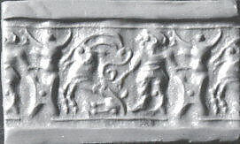 Cylinder seal and modern impression: man grasping an antelope, bull's head over ingot, Black-grey steatite, Cypriot 