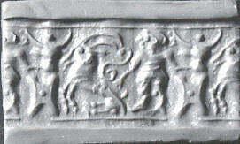 Cylinder seal and modern impression: man grasping an antelope, bull's head over ingot