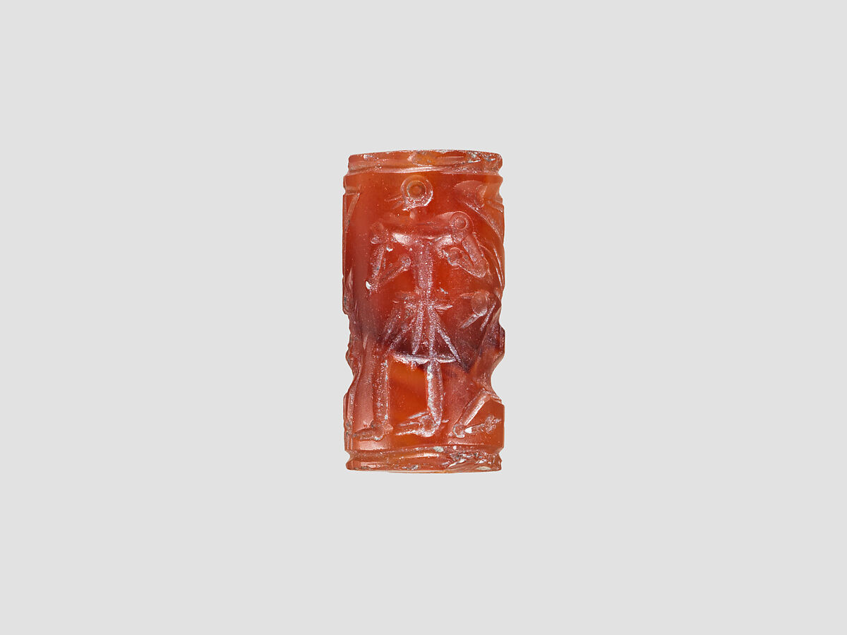 Cylinder seal and modern impression: man, goat, griffin, nude figure, and "impaled triangle", Carnelian