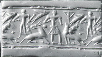 Cylinder seal and modern impression: man, goat, griffin, nude figure, and "impaled triangle", Carnelian 
