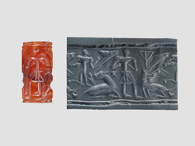 Cylinder seal and modern impression: man, goat, griffin, nude figure, and 