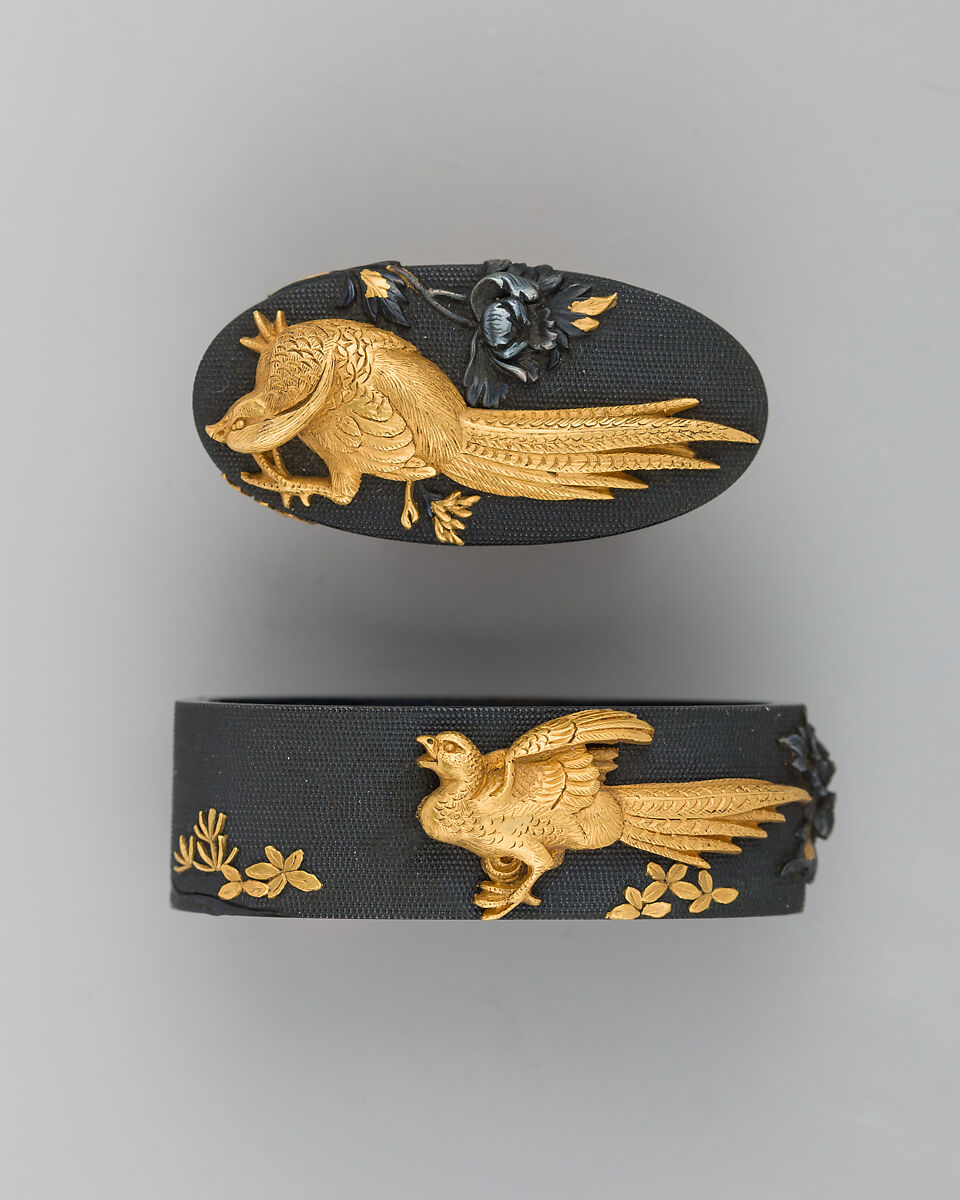 Sword-Hilt Collar (Fuchi), Copper-gold alloy (shakudō), gold, silver, Japanese 