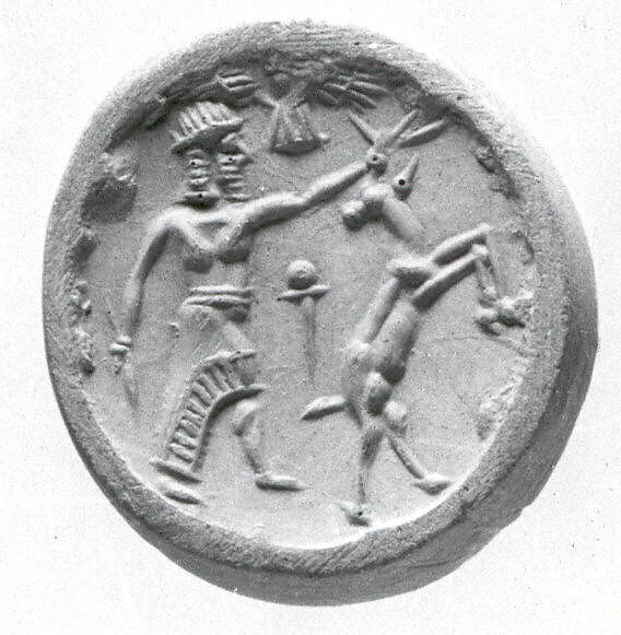 Stamp seal (conoid) with two-figure contest, Brown, neutral, and white Agate (Quartz), Assyro-Babylonian 