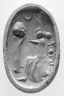 Stamp seal (grooved oval base with ribbed handle) with cultic scene, Neutral Chalcedony (Quartz), Assyro-Babylonian 