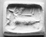 Stamp-cylinder seal (quarter cylinder) with cultic scene, animals (?), and divine symbols, Olive steatite, Assyrian 