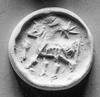 Stamp seal (bifacial disk) with animals and divine symbols, Black Serpentinite, Assyrian 
