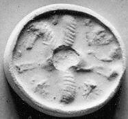 Stamp seal (scaraboid) with monster, Mottled black and brown Limestone, Assyrian 