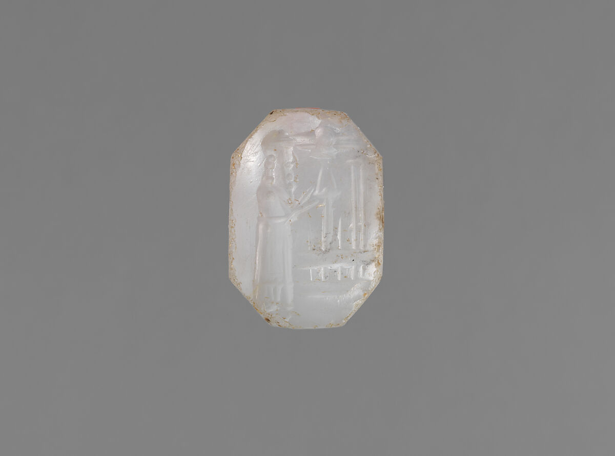Stamp seal (octagonal pyramid) with cultic scene
, Flawed neutral Chalcedony (Quartz), Assyrian