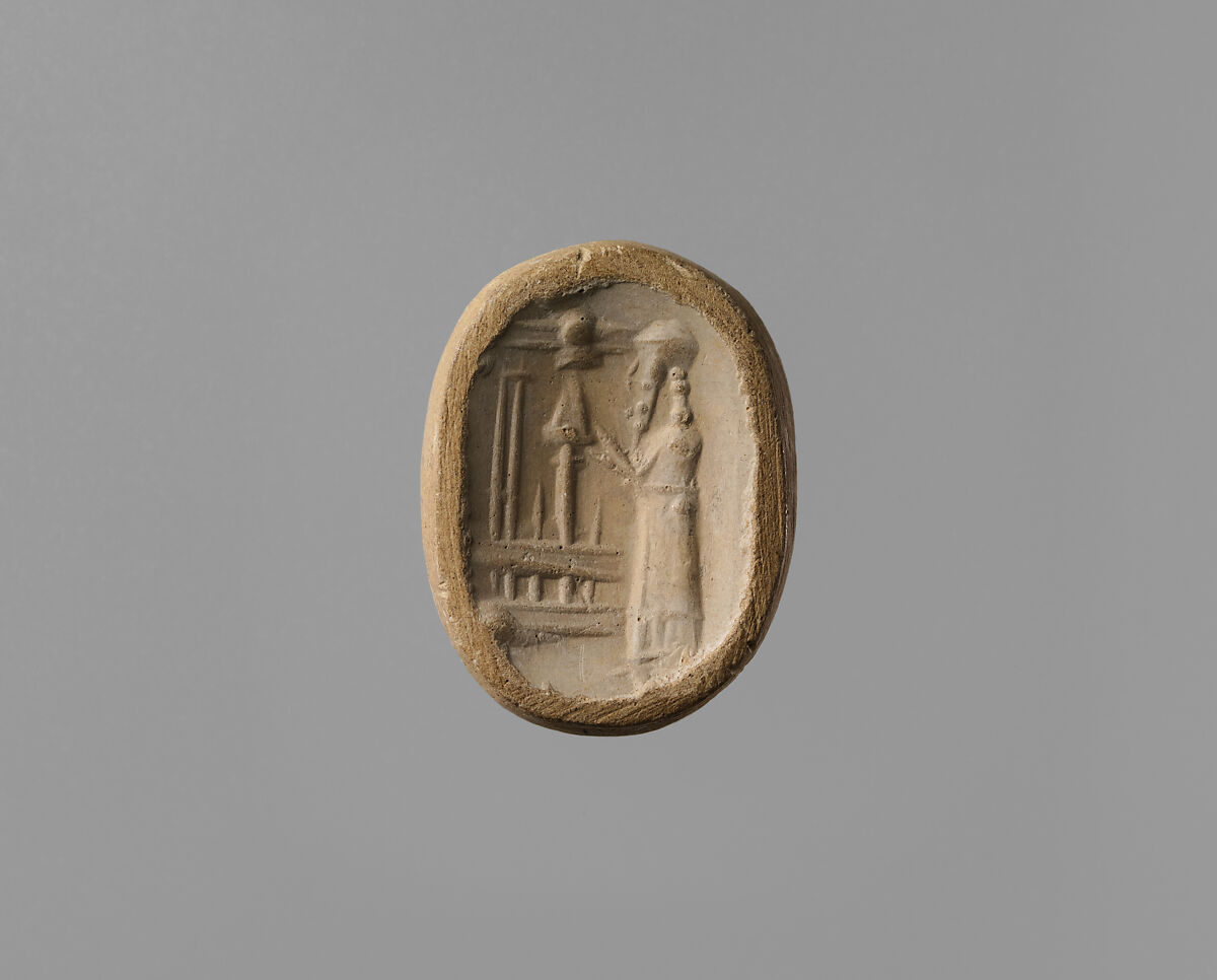 Stamp seal (octagonal pyramid) with cultic scene, Flawed neutral Chalcedony (Quartz), Assyrian