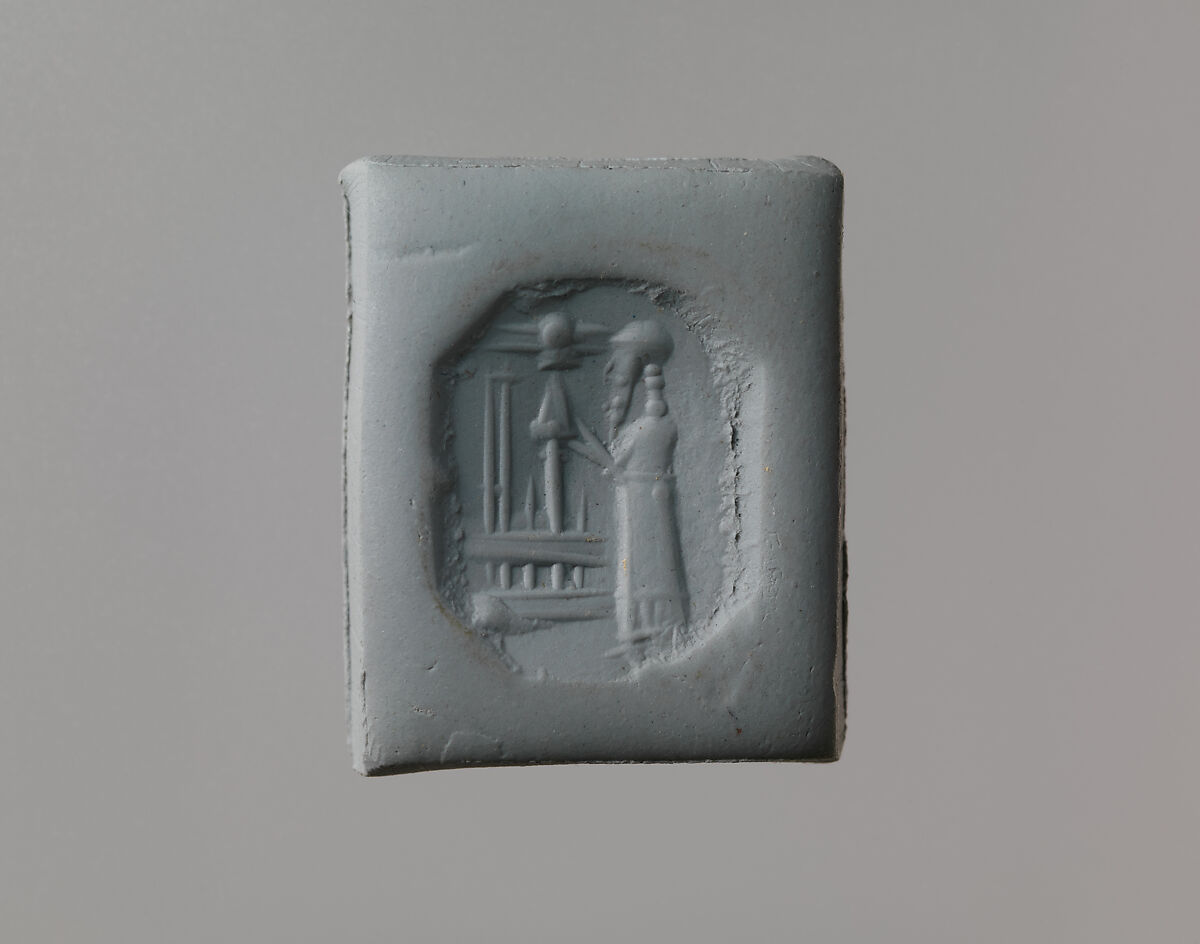 Stamp seal (octagonal pyramid) with cultic scene, Flawed neutral Chalcedony (Quartz), Assyrian
