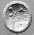 Stamp seal (oval conoid) with cultic scene, Mottled olive feldspar, Assyro-Babylonian 