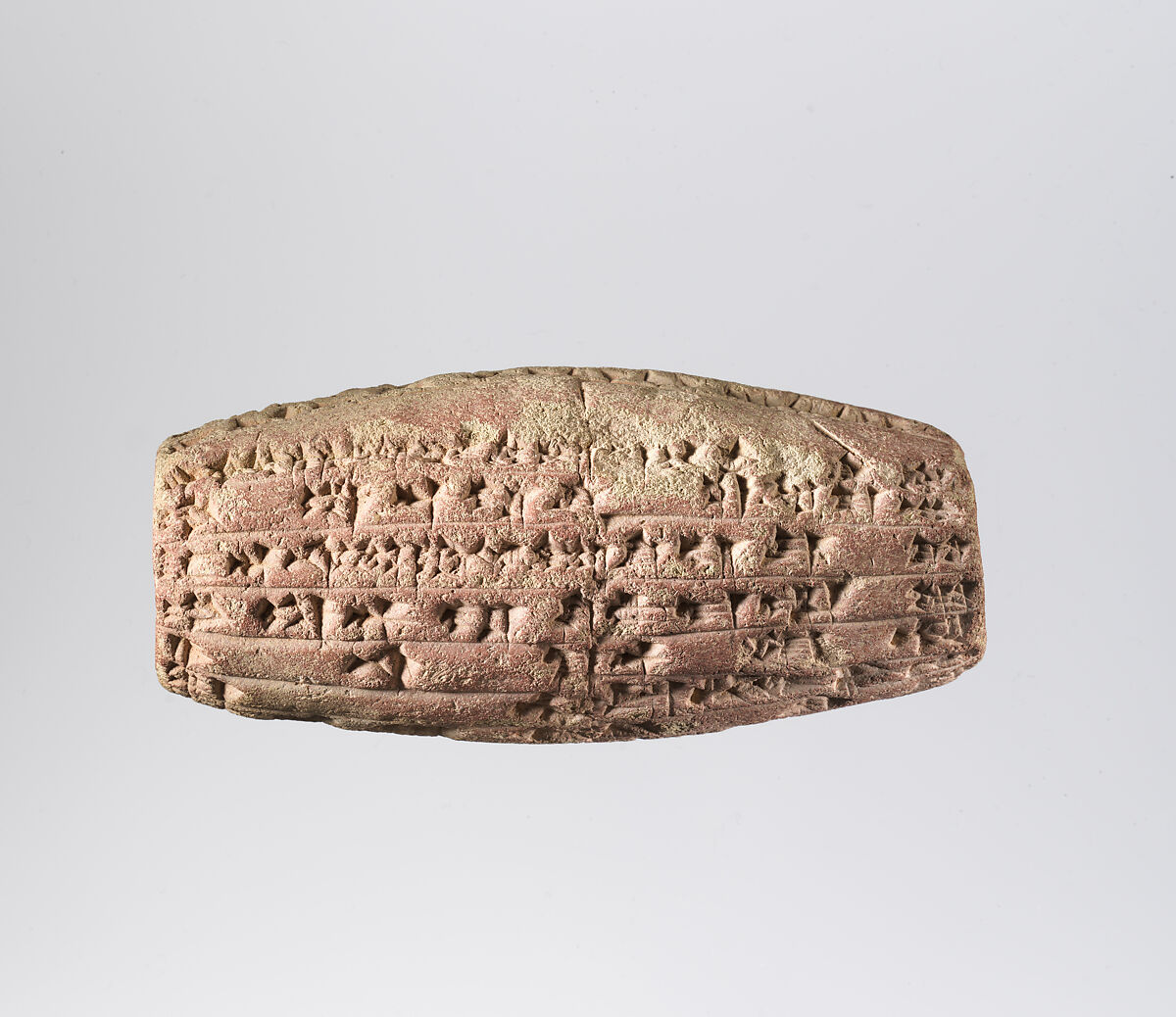 Cuneiform cylinder with inscription of Nebuchadnezzar II describing the rebuilding of the temple of the mother-goddess Ninmah/Belet-ili at Babylon, Clay, Babylonian