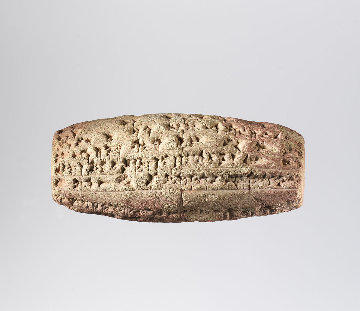 Cuneiform cylinder with inscription of Nebuchadnezzar II describing the rebuilding of the temple of the mother-goddess Ninmah/Belet-ili at Babylon, Clay, Babylonian