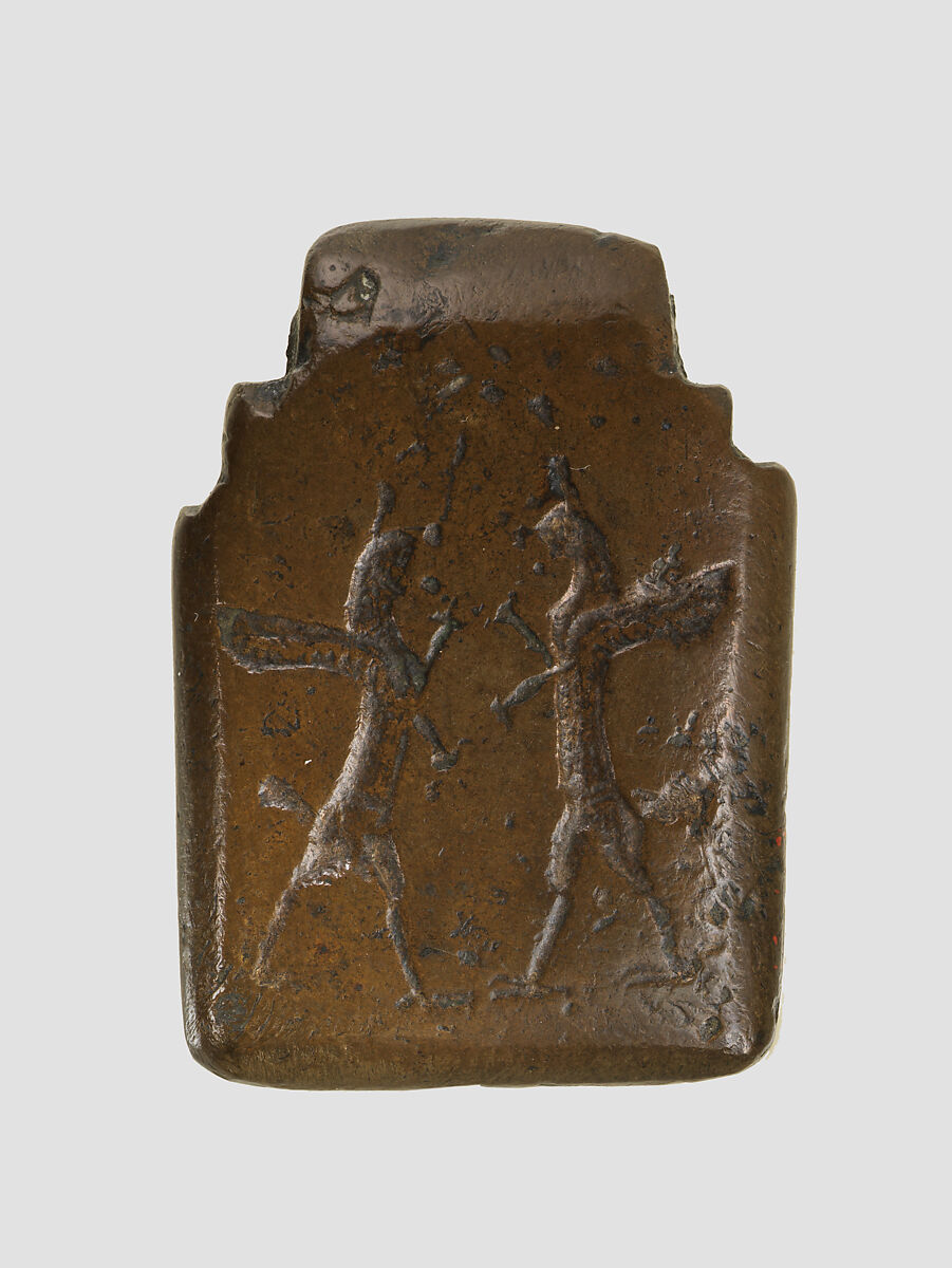 Amulet with fighting demons; on reverse: Ishtar enthroned and worshiper, Bronze, Assyrian