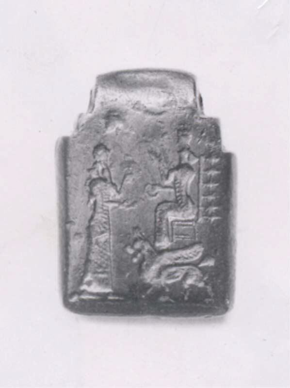 Amulet with fighting demons; on reverse: Ishtar enthroned and worshiper, Bronze, Assyrian 