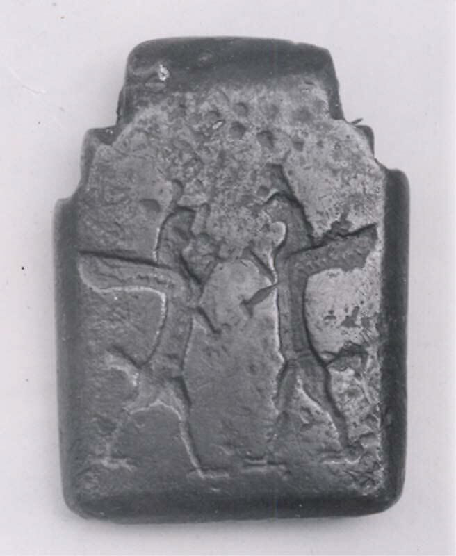 Amulet with fighting demons; on reverse: Ishtar enthroned and worshiper, Bronze, Assyrian