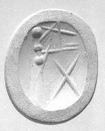 Stamp seal (scaraboid with pointed top) with cultic scene, Flawed neutral Chalcedony (Quartz), Assyro-Babylonian 