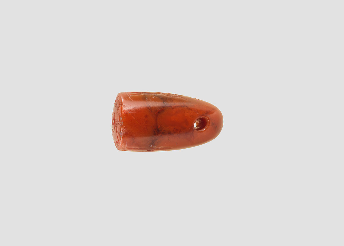 Stamp seal (oval conoid) with cultic scene, deities, and demons, Veined and flawed Carnelian (Quartz), Assyrian