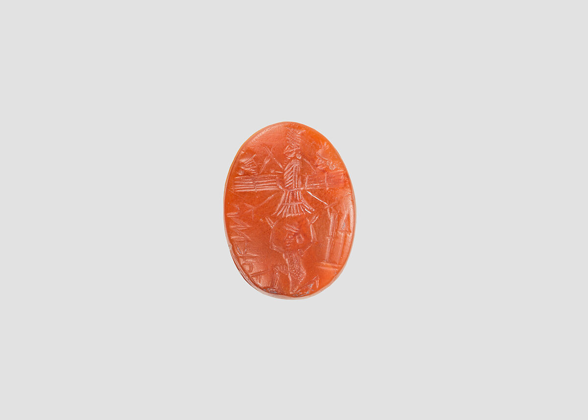 Stamp seal (oval conoid) with cultic scene, deities, and demons, Veined and flawed Carnelian (Quartz), Assyrian