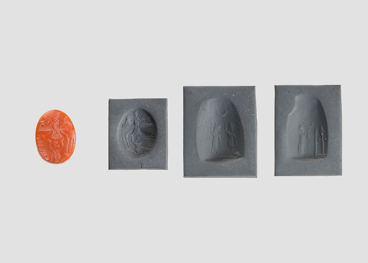 Stamp seal (oval conoid) with cultic scene, deities, and demons, Veined and flawed Carnelian (Quartz), Assyrian 
