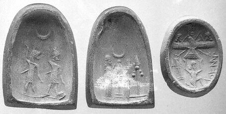 Stamp seal (oval conoid) with cultic scene, deities, and demons, Veined and flawed Carnelian (Quartz), Assyrian 