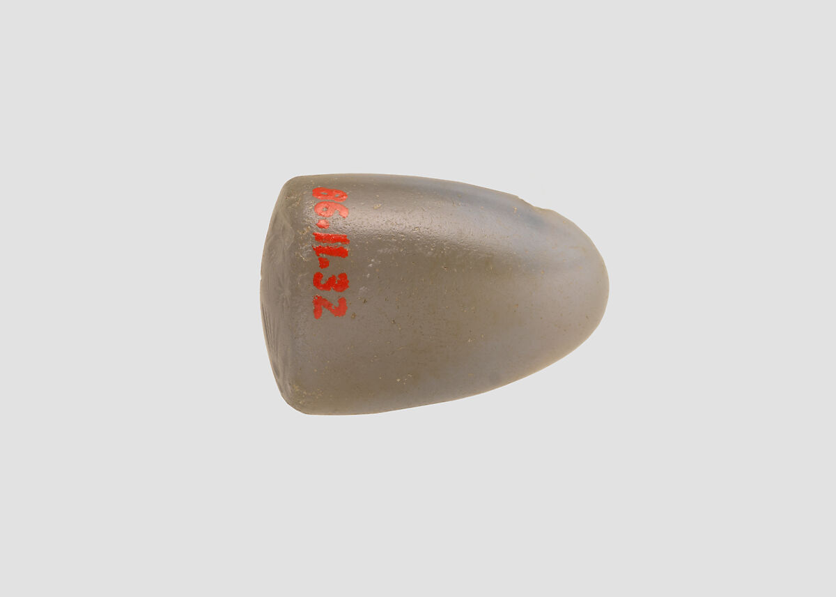 Stamp seal (oval conoid) with cultic scene, Neutral Chalcedony (Quartz), possibly etched to produce mottling, Assyrian