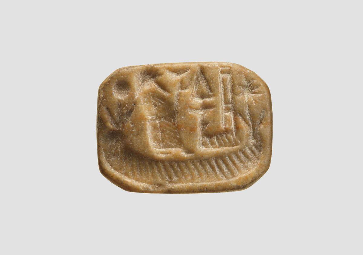 Stamp seal (octagonal pyramid) with cultic scene, Limestone, yellow, Assyrian
