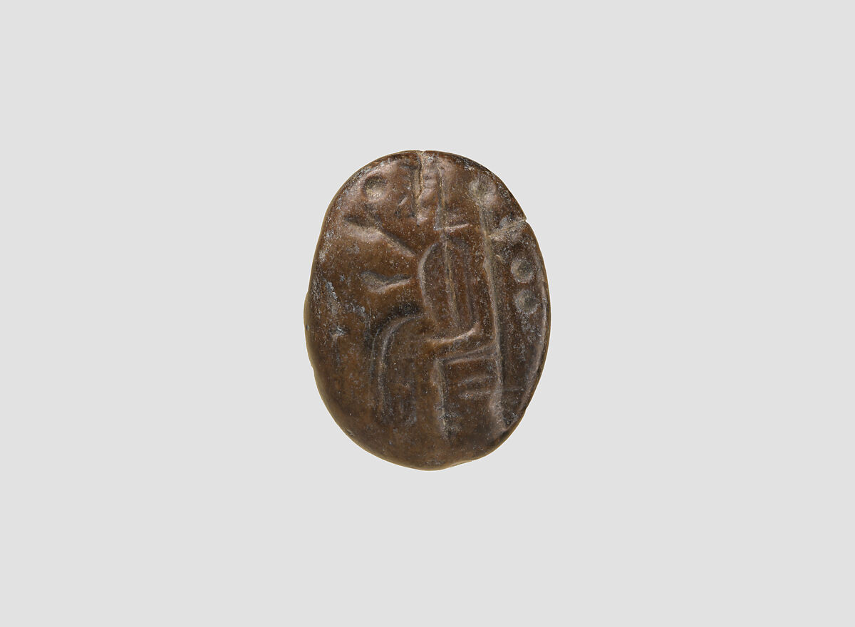 Stamp seal (oval conoid) with cultic scene, deity, and divine symbols, Dark brown limestone, Assyrian