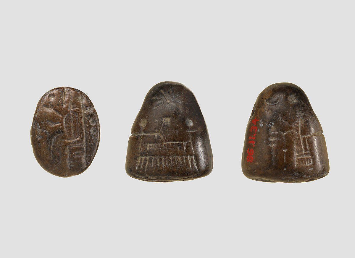 Stamp seal (oval conoid) with cultic scene, deity, and divine symbols, Dark brown limestone, Assyrian
