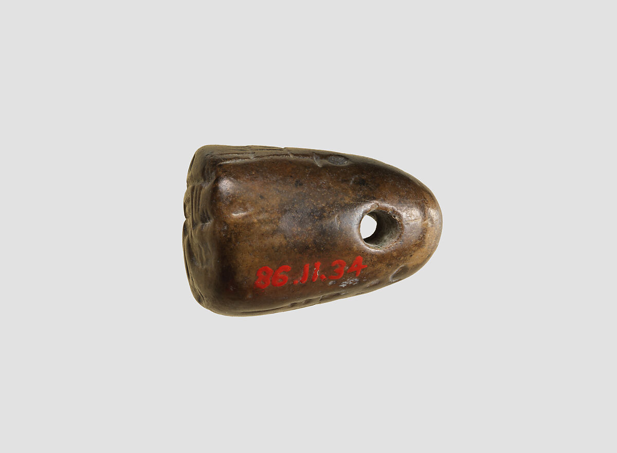 Stamp seal (oval conoid) with cultic scene, deity, and divine symbols, Dark brown limestone, Assyrian