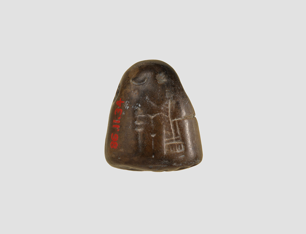 Stamp seal (oval conoid) with cultic scene, deity, and divine symbols, Dark brown limestone, Assyrian