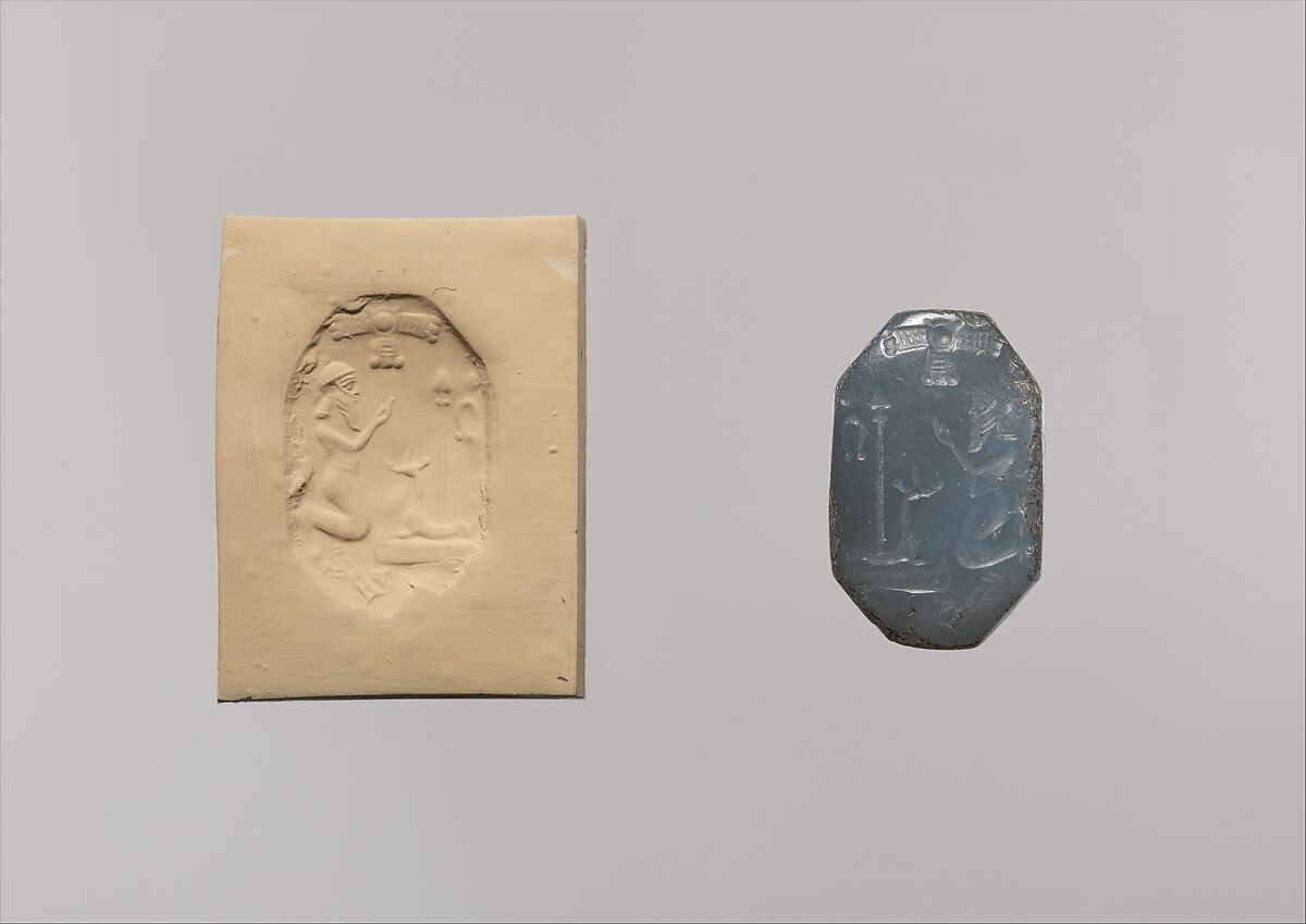 Stamp seal (octagonal pyramid) with cultic scene, Blue Chalcedony (Quartz), Assyro-Babylonian 