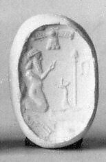 Stamp seal (octagonal pyramid) with cultic scene, Blue Chalcedony (Quartz), Assyro-Babylonian