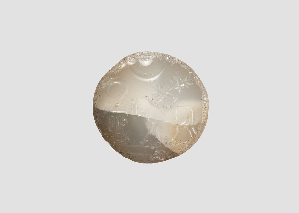Stamp seal (conoid) with animal and divine symbols, Banded and flawed neutral Chalcedony (Quartz), Assyro-Babylonian