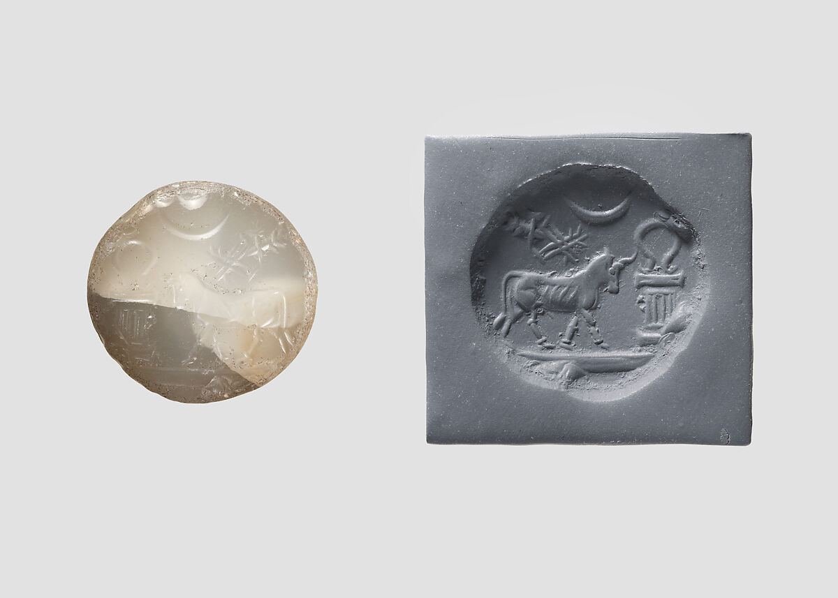 Stamp seal (conoid) with animal and divine symbols, Banded and flawed neutral Chalcedony (Quartz), Assyro-Babylonian 