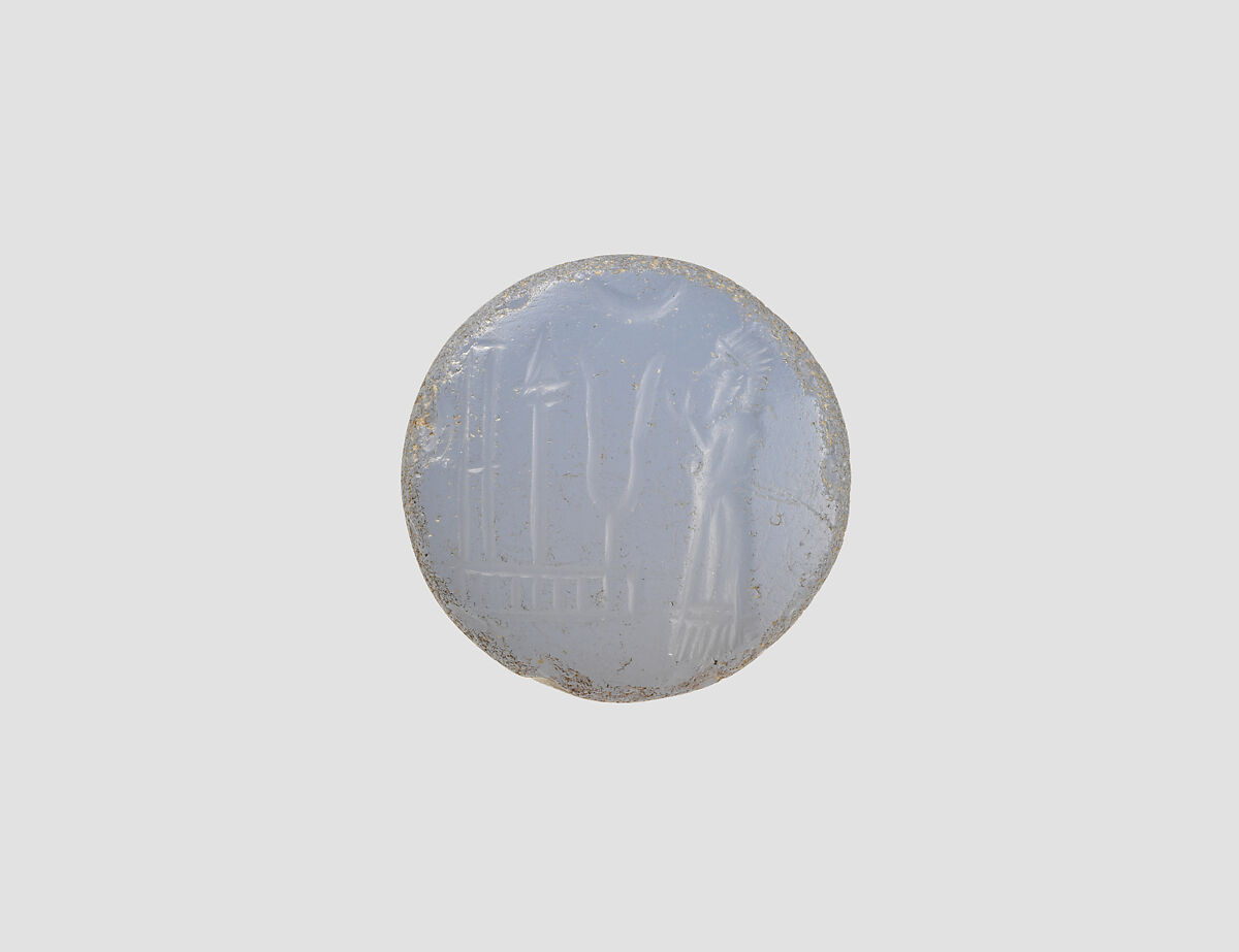Stamp seal (conoid) with cultic scene, Blue Chalcedony (Quartz), Assyro-Babylonian
