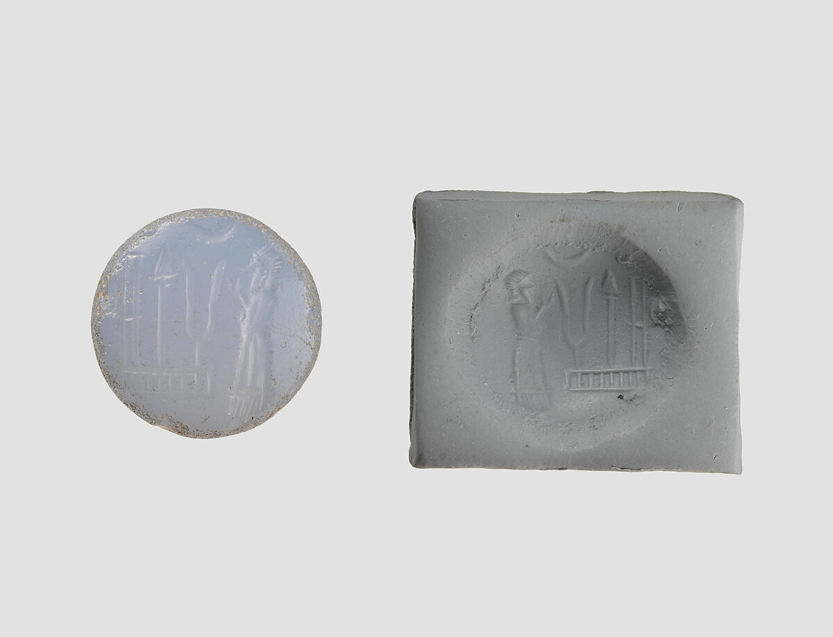 Stamp seal (conoid) with cultic scene, Blue Chalcedony (Quartz), Assyro-Babylonian 