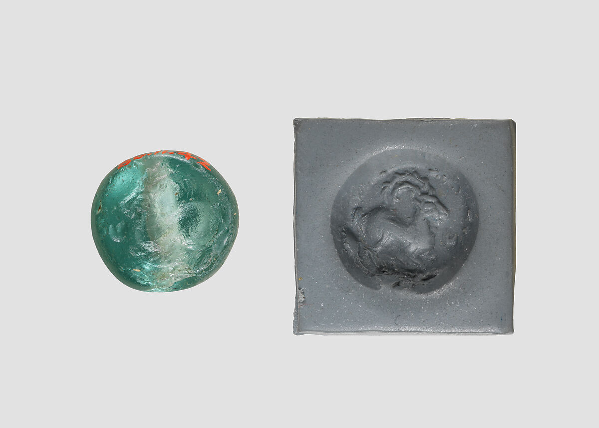 Stamp seal, Glass, bluish-green, Sasanian 