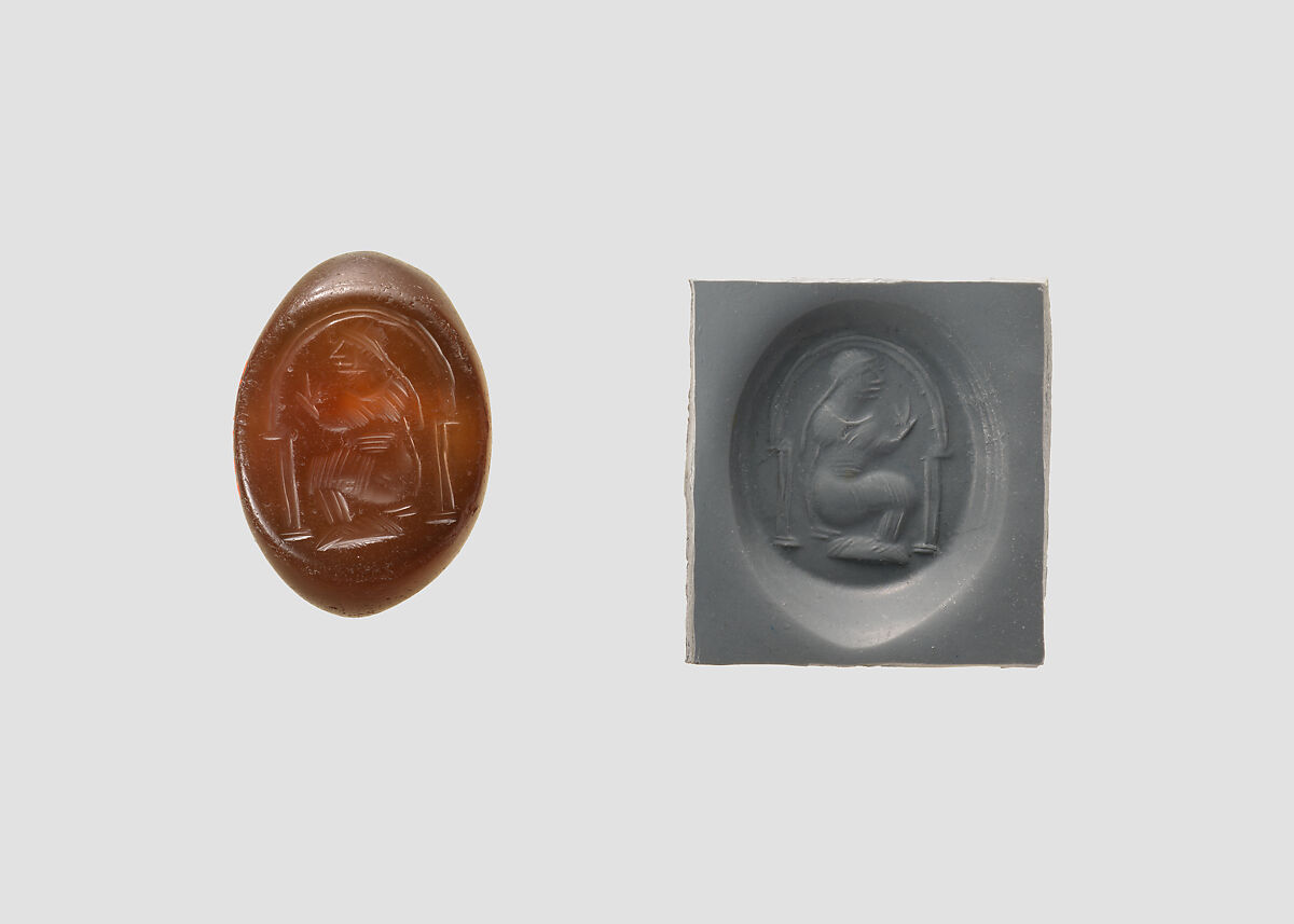 Stamp seal, Chalcedony, brown, Sasanian 