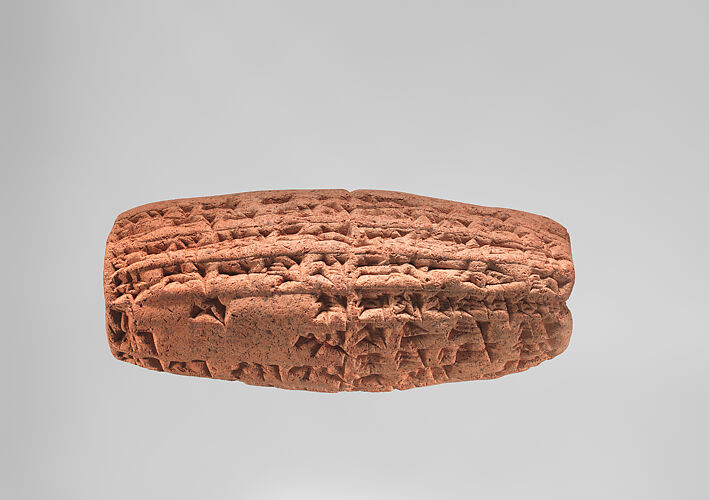Cuneiform cylinder with inscription of Nebuchadnezzar II describing the rebuilding of the temple of the mother-goddess Ninmah/Belet-ili at Babylon