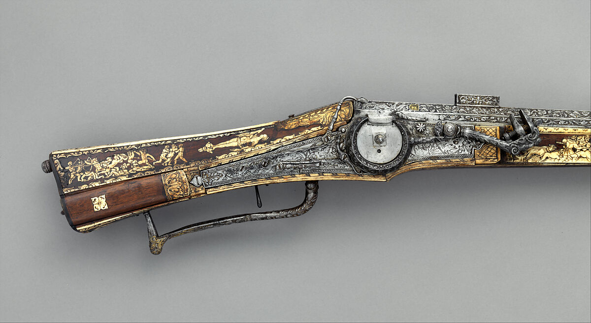 Combination Wheellock Matchlock Gun, Steel, wood (walnut), staghorn, brass, German