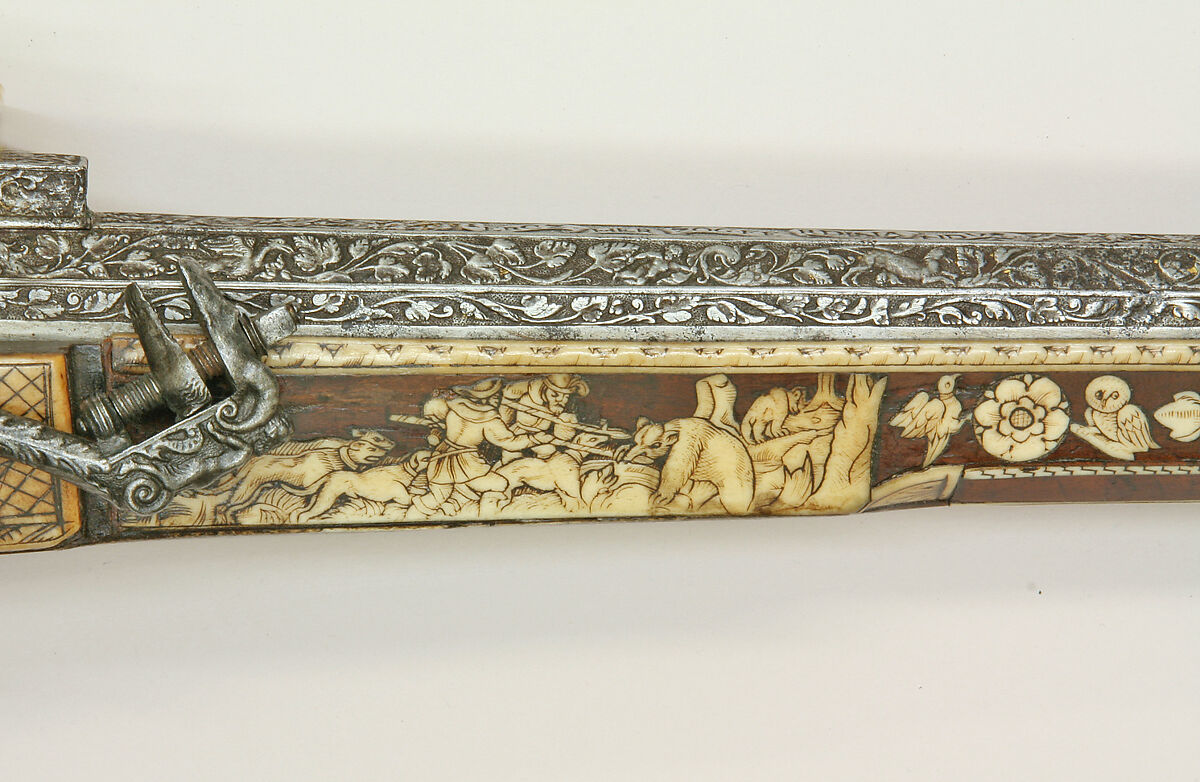 Combination Wheellock Matchlock Gun, Steel, wood (walnut), staghorn, brass, German