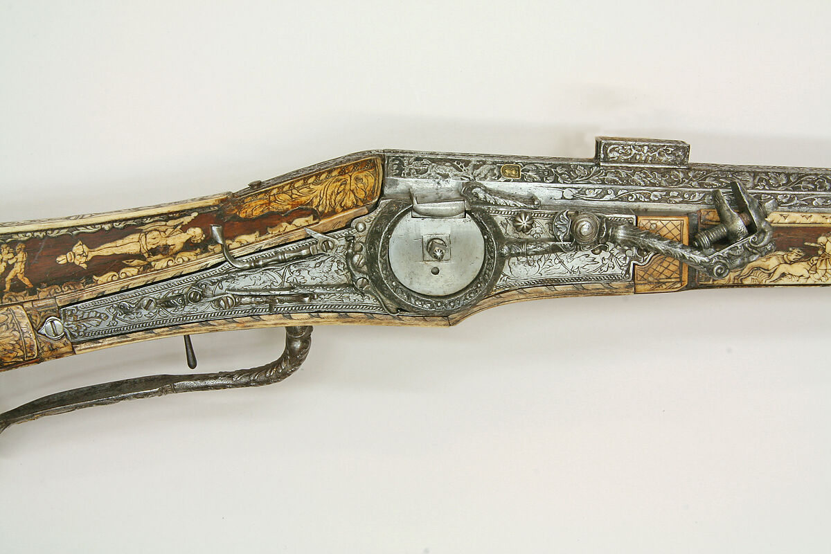 Combination Wheellock Matchlock Gun, Steel, wood (walnut), staghorn, brass, German