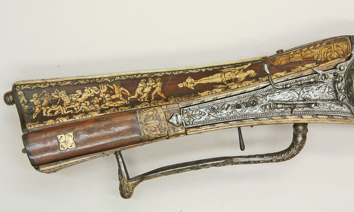 Combination Wheellock Matchlock Gun, Steel, wood (walnut), staghorn, brass, German