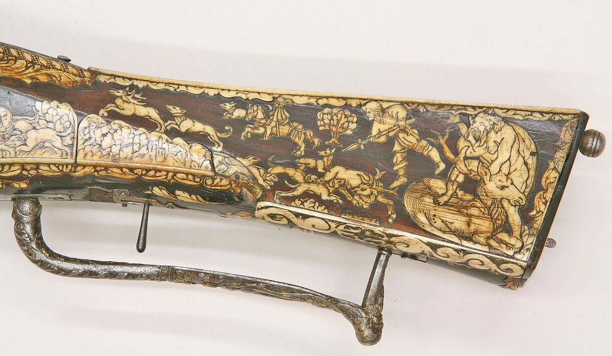 Combination Wheellock Matchlock Gun, Steel, wood (walnut), staghorn, brass, German