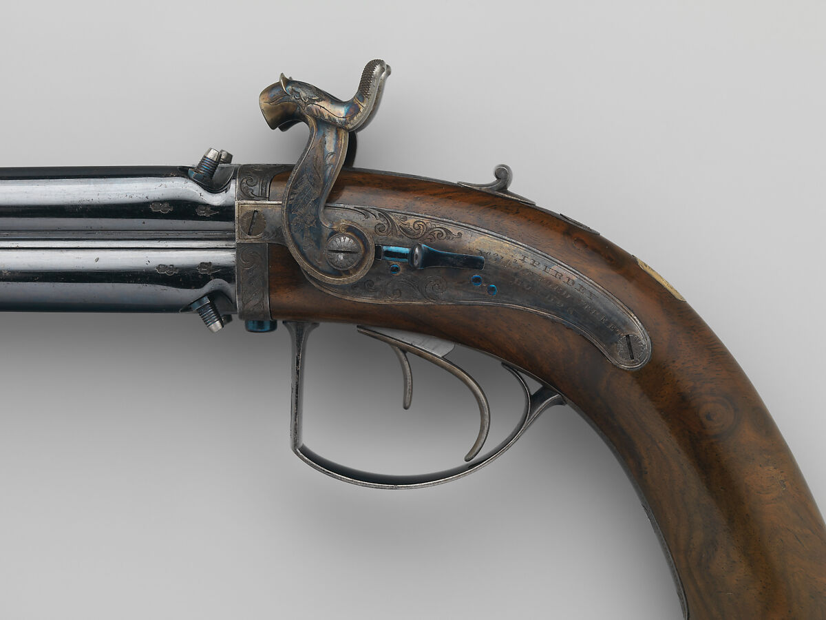 Pair of Four-Barreled Turnover Percussion Pistols of Henry Pelham Fiennes Pelham-Clinton, 4th Duke of Newcastle-under-Lyne (1785–1851), with Pair of Box-Lock Turn-Off Pocket Pistols, Case, and Accessories, James Purdey the Elder (British, London 1784–1863 Margate), Turnover pistols: steel, wood (walnut), gold, silver; pocket pistols: steel, wood (walnut); mallet: wood (walnut, rosewood, ebony), leather; ramrod: wood (ebony), brass; cleaning rod: wood (walnut), brass, steel; cleaning rod tip: brass; powder flask: copper, gold, brass, steel; bullet mold: steel; nipple wrench: wood (walnut), steel, brass; screwdriver: horn, steel, brass; socket wrench: steel; patch box: ivory; case: wood (mahogany), brass, ivory, textile, paper, British, London