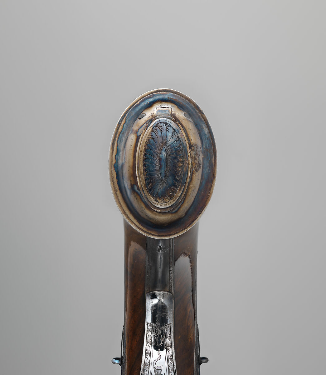 Pair of Four-Barreled Turnover Percussion Pistols of Henry Pelham Fiennes Pelham-Clinton, 4th Duke of Newcastle-under-Lyne (1785–1851), with Pair of Box-Lock Turn-Off Pocket Pistols, Case, and Accessories, James Purdey the Elder (British, London 1784–1863 Margate), Turnover pistols: steel, wood (walnut), gold, silver; pocket pistols: steel, wood (walnut); mallet: wood (walnut, rosewood, ebony), leather; ramrod: wood (ebony), brass; cleaning rod: wood (walnut), brass, steel; cleaning rod tip: brass; powder flask: copper, gold, brass, steel; bullet mold: steel; nipple wrench: wood (walnut), steel, brass; screwdriver: horn, steel, brass; socket wrench: steel; patch box: ivory; case: wood (mahogany), brass, ivory, textile, paper, British, London