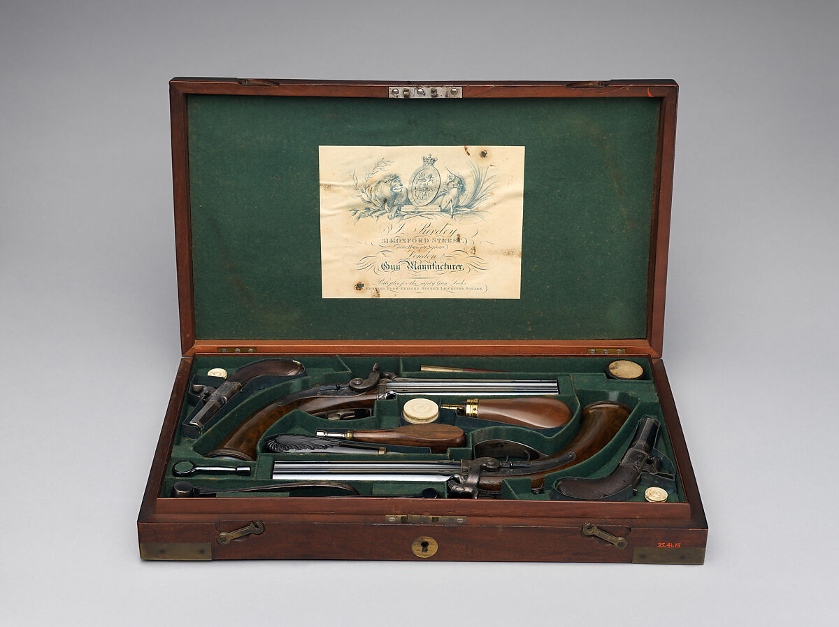 Pair of Four-Barreled Turnover Percussion Pistols of Henry Pelham Fiennes Pelham-Clinton, 4th Duke of Newcastle-under-Lyne (1785–1851), with Pair of Box-Lock Turn-Off Pocket Pistols, Case, and Accessories, James Purdey the Elder (British, London 1784–1863 Margate), Turnover pistols: steel, wood (walnut), gold, silver; pocket pistols: steel, wood (walnut); mallet: wood (walnut, rosewood, ebony), leather; ramrod: wood (ebony), brass; cleaning rod: wood (walnut), brass, steel; cleaning rod tip: brass; powder flask: copper, gold, brass, steel; bullet mold: steel; nipple wrench: wood (walnut), steel, brass; screwdriver: horn, steel, brass; socket wrench: steel; patch box: ivory; case: wood (mahogany), brass, ivory, textile, paper, British, London