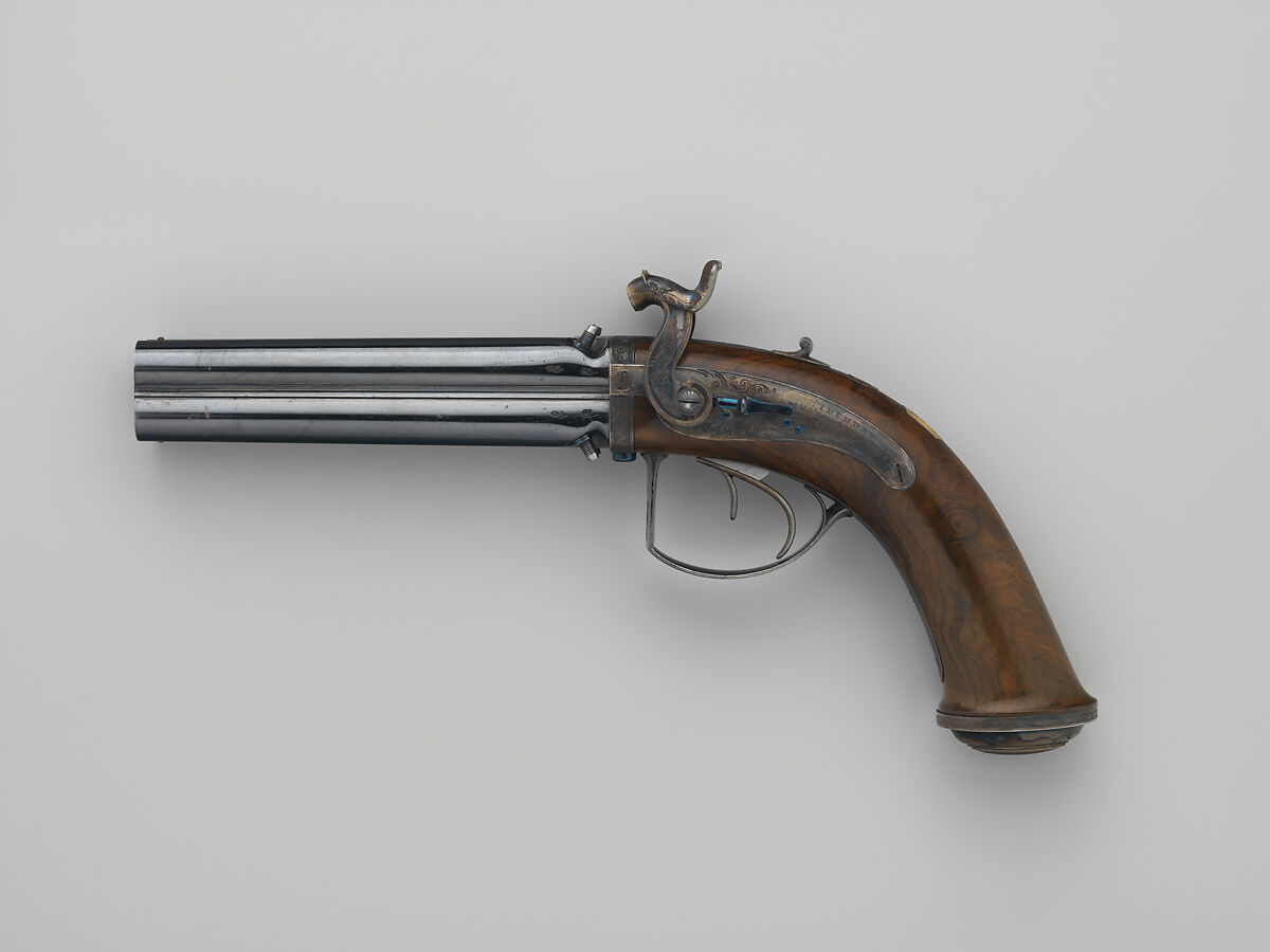 Pair of Four-Barreled Turnover Percussion Pistols of Henry Pelham Fiennes Pelham-Clinton, 4th Duke of Newcastle-under-Lyne (1785–1851), with Pair of Box-Lock Turn-Off Pocket Pistols, Case, and Accessories, James Purdey the Elder (British, London 1784–1863 Margate), Turnover pistols: steel, wood (walnut), gold, silver; pocket pistols: steel, wood (walnut); mallet: wood (walnut, rosewood, ebony), leather; ramrod: wood (ebony), brass; cleaning rod: wood (walnut), brass, steel; cleaning rod tip: brass; powder flask: copper, gold, brass, steel; bullet mold: steel; nipple wrench: wood (walnut), steel, brass; screwdriver: horn, steel, brass; socket wrench: steel; patch box: ivory; case: wood (mahogany), brass, ivory, textile, paper, British, London