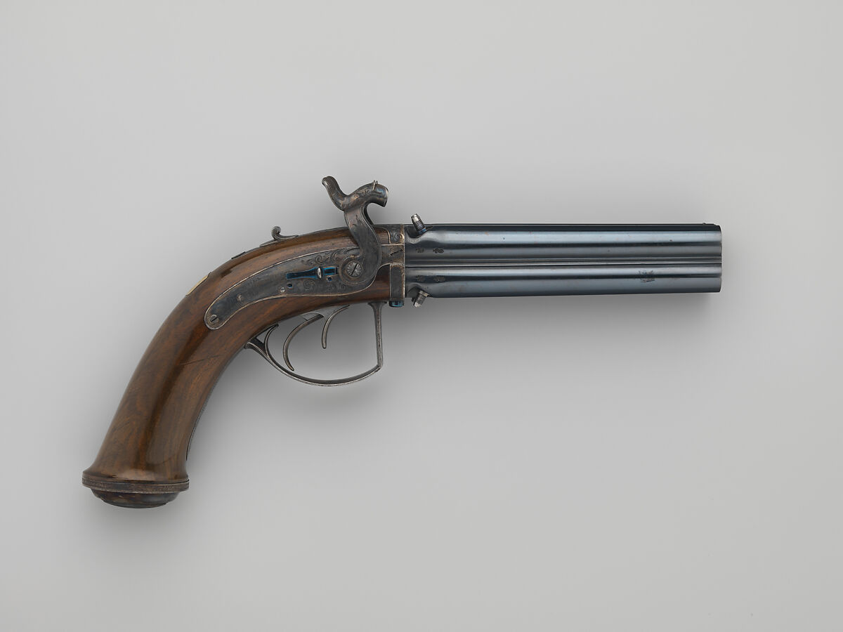 Pair of Four-Barreled Turnover Percussion Pistols of Henry Pelham Fiennes Pelham-Clinton, 4th Duke of Newcastle-under-Lyne (1785–1851), with Pair of Box-Lock Turn-Off Pocket Pistols, Case, and Accessories, James Purdey the Elder (British, London 1784–1863 Margate), Turnover pistols: steel, wood (walnut), gold, silver; pocket pistols: steel, wood (walnut); mallet: wood (walnut, rosewood, ebony), leather; ramrod: wood (ebony), brass; cleaning rod: wood (walnut), brass, steel; cleaning rod tip: brass; powder flask: copper, gold, brass, steel; bullet mold: steel; nipple wrench: wood (walnut), steel, brass; screwdriver: horn, steel, brass; socket wrench: steel; patch box: ivory; case: wood (mahogany), brass, ivory, textile, paper, British, London